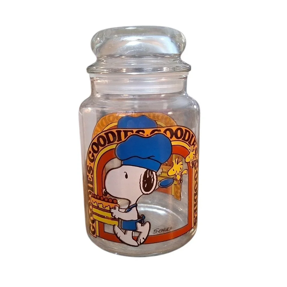 VTG Goodies Peanuts Snoopy Woodstock Glass Chef Cookie Candy Jar Schulz 1965